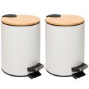 Ver imagem 1 de Kit 2 Lixeiras 5l Metal Redonda com Pedal Branca Tampa Bambu Balde Interno Banheiro Genebra
