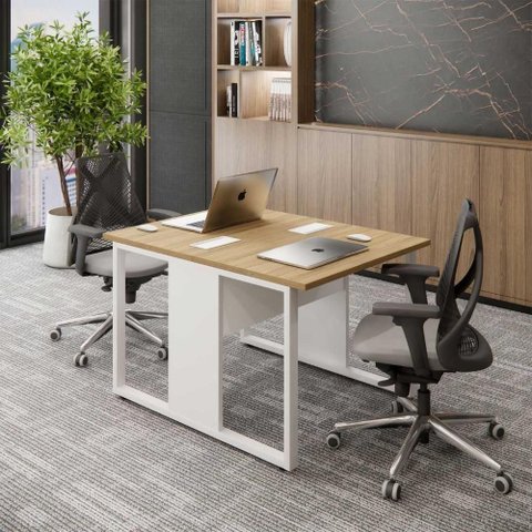 Plataforma de Trabalho para Escritório para 2 Lugares MDF MDP 90cm Macadâmia F5 Office