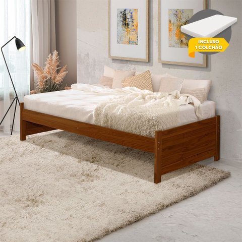 Cama de Solteiro com Colchão Madeira Maciça Gabrieli Mona Estrutura Reforçada Vintage Retrô Castanho