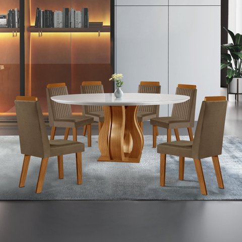 Sala de Jantar 6 Cad Estofadas Riviera e Mesa Redonda com Tampo de Vidro Nuance Yescasa