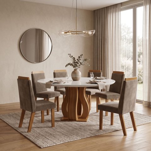 Sala de Jantar 6 Cad Estofadas Riviera e Mesa Redonda com Tampo de Vidro Nuance Yescasa