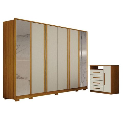 Guarda Roupa Casal Ares 6 Portas com Espelho Cinamomo Off-white com Cômoda Diamante 4 Gavetas 1 Port