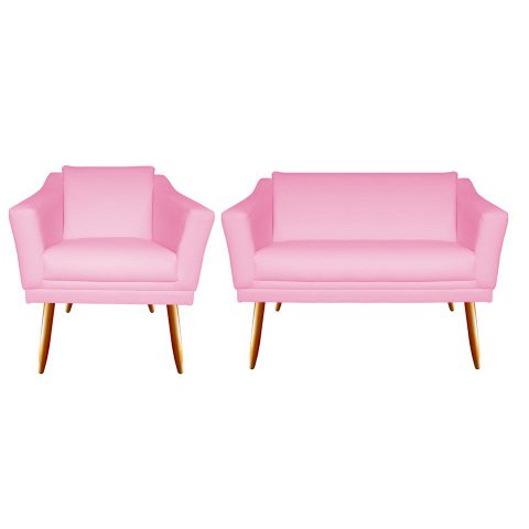 Kit Namoradeira + 1 Poltrona Decorativa Agatha Suede Rosa Bebê Pés Madeira Ms Decor