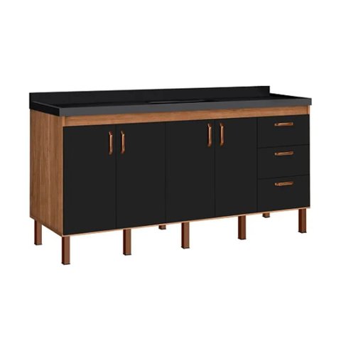 Armário de Cozinha 194 cm Gabinete com 4 Portas e 3 Gavetas:Avelato/Preto