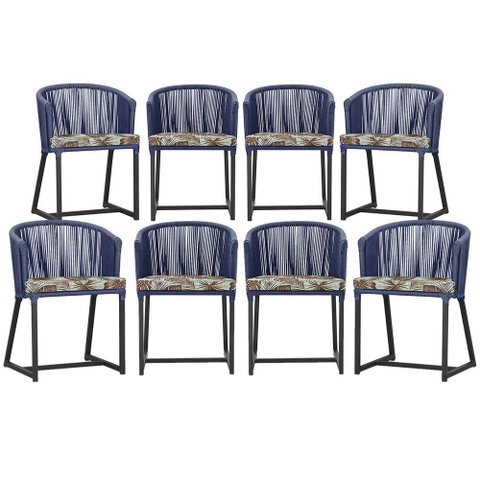 8 Cadeiras de Jantar Área Noronha em Alumínio com Pintura Preta Corda Náutica Estofado 6 Trama Origi