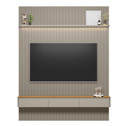 Painel Ripado Modular 219cm Ozero Prateleira MDP/MDF Nicho Arredondado Gris/Tauari Fosco G77 - Gran 