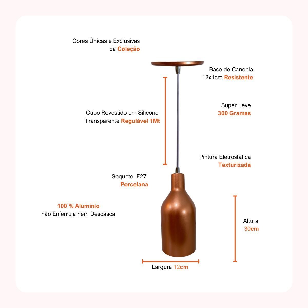 Luminária Pendente Bouteille Alumínio Cozinha e Escritório:rosé - 5