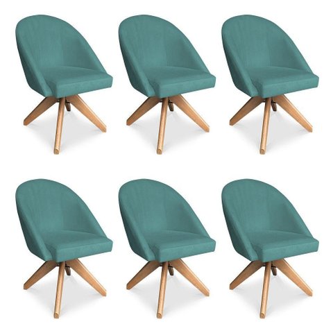 Kit 6 Poltronas Cadeira Giratória Bela Suede Base Madeira Turquesa Pallazio
