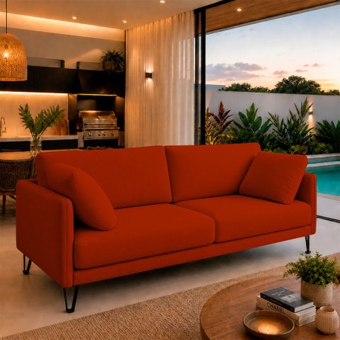 Sofá Sala de Estar Atena Fixo Pés de Ferro 214cm 3 Lugares Bouclê Terracota M1 - Monari Design
