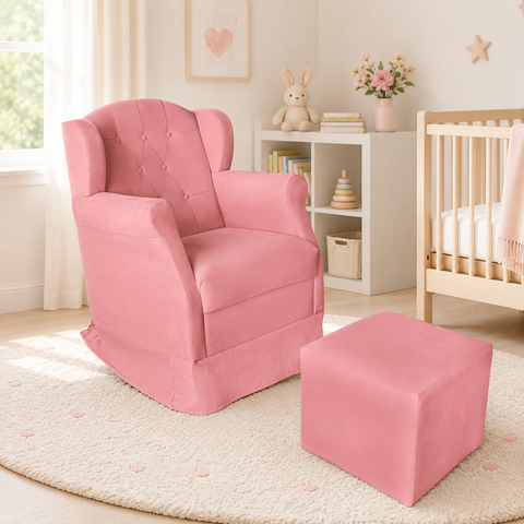 Poltrona Amamentação Cadeira Reforçada Balanço Puff Suede:Rosê