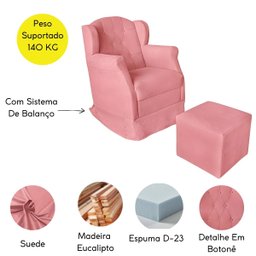 Poltrona Amamentação Cadeira Reforçada Balanço Puff Suede:rosê - 4