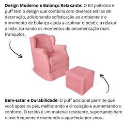 Poltrona Amamentação Cadeira Reforçada Balanço Puff Suede:rosê - 5