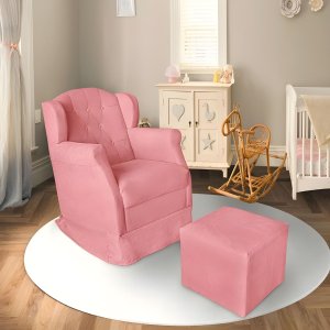 Poltrona Amamentação Cadeira Reforçada Balanço Puff Suede:rosê