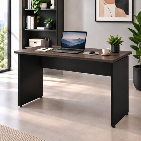 Mesa Retangular Escrivaninha 150 cm X 60 cm Tampo 25 mm Pés Painel F5 Office Cor:Louro Preto com