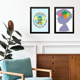 Kit 2 Quadros Autismo - Mundo Diferente 33x24cm - com Vidro:moldura Branca - 2
