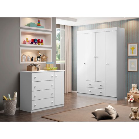 Jogo de Quarto Infantil Old Clean Elisa 100% Mdf Branco Roupeiro + Cômoda Sapateira