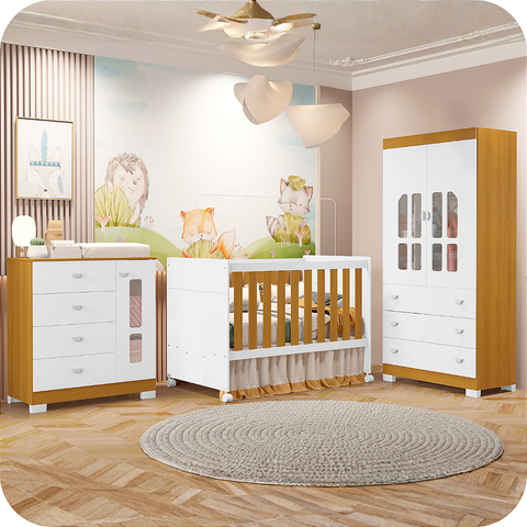 Quarto de Bebê Berço + Cômoda + Guarda Roupa Katatau Branco Savana