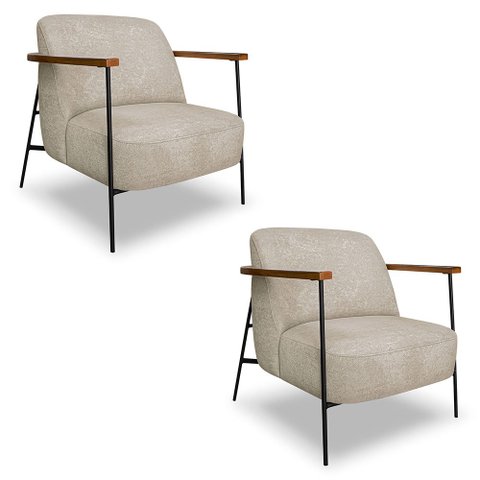 Kit 2 Poltronas Decorativa Celeste Linho Bouclê Base de Ferro Preto - Pallazio Bege