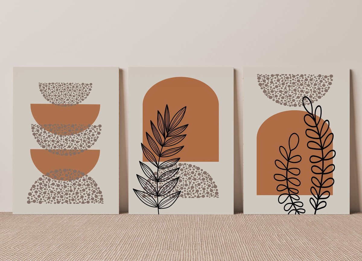 Kit de 3 Quadros Decorativos Boho Floral Laranja e Bege