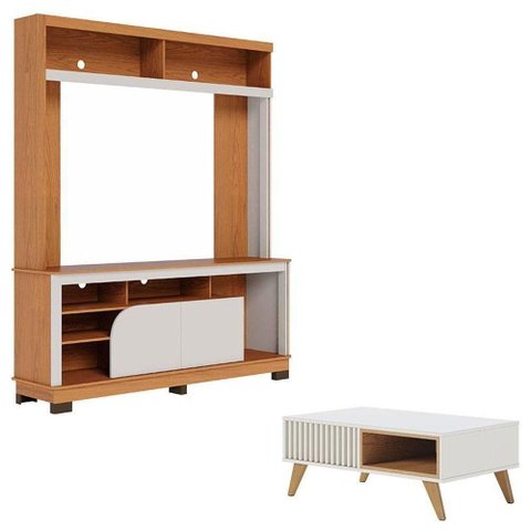 Estante Home Theater Belaya Freijó Off White Matte e Mesa de Centro Jeri Off White Freijó -