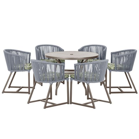 Mesa com 6 Cadeiras de Jantar Roma 120cm e Noronha em Alumínio Marrom Corda Náutica Estofado 5 Trama