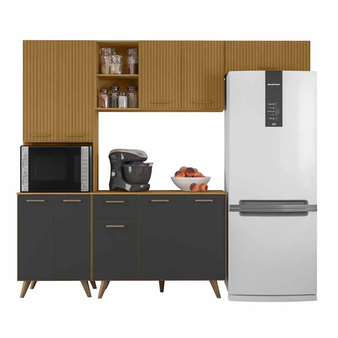 Armário Cozinha Olinda Ripado 3d 4 Peças Paneleiro + Aéreo 1.05m + Balcão e Aéreo de Geladeira Freij