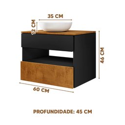 Gabinete Banheiro com Cuba e Espelho 60 Cm Preto Fosco Naturalle Bali Ii Bechara - 3