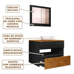 Gabinete Banheiro com Cuba e Espelho 60 Cm Preto Fosco Naturalle Bali Ii Bechara - 2