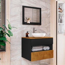 Gabinete Banheiro com Cuba e Espelho 60 Cm Preto Fosco Naturalle Bali Ii Bechara - 1