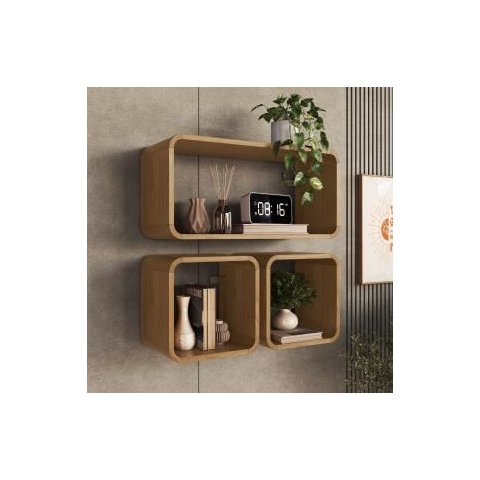 Prateleira Suspensa Nicho Duplo Linha Curve 62cm Carvalho Xingu - Completa Móveis