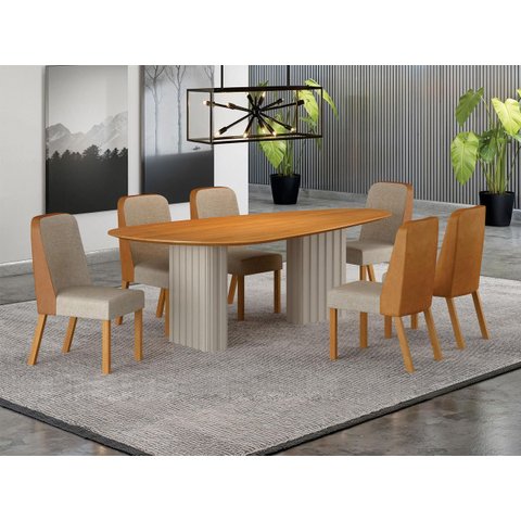 Conjunto Jantar 6 Cadeiras Maciça 2x1 Iza - Arbo Design - Off White - Linho Bege