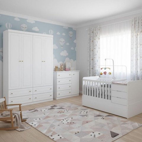 Quarto Infantil 4 Portas Americano com Berço Multifuncional Cleo Ambiente Branco Fosco - Henn