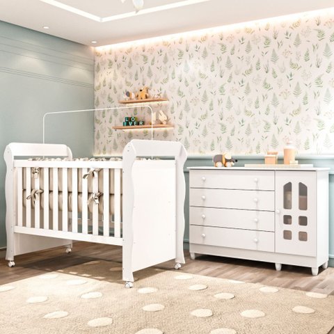 Conjunto Quarto Bebê Berço 3EM1 Mirelle Cômoda Gran Selena 4 Gavetas 1 Porta 100% MDF Branco