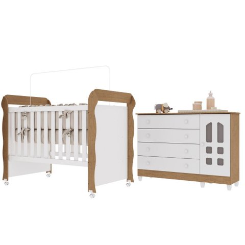 Conjunto Quarto Bebê Berço 3EM1 Mirelle Cômoda Gran Selena 4 Gavetas 1 Porta 100% MDF Branco/com Bétula