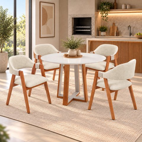 Conjunto Mesa Áustria Redonda 4 Cadeiras Serena Estofadas Madeira Maciça Espresso Móveis