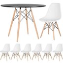 Ver imagem 1 de Conjunto de Mesa de Jantar Eames Eiffel Redonda 100cm Tampo de Madeira Preto com 6 Cadeiras Brancas