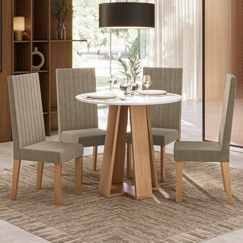 Conjunto Sala de Jantar Estilo Redonda 4 Lugares Laura Amarelo/Mel/Off White Fosco