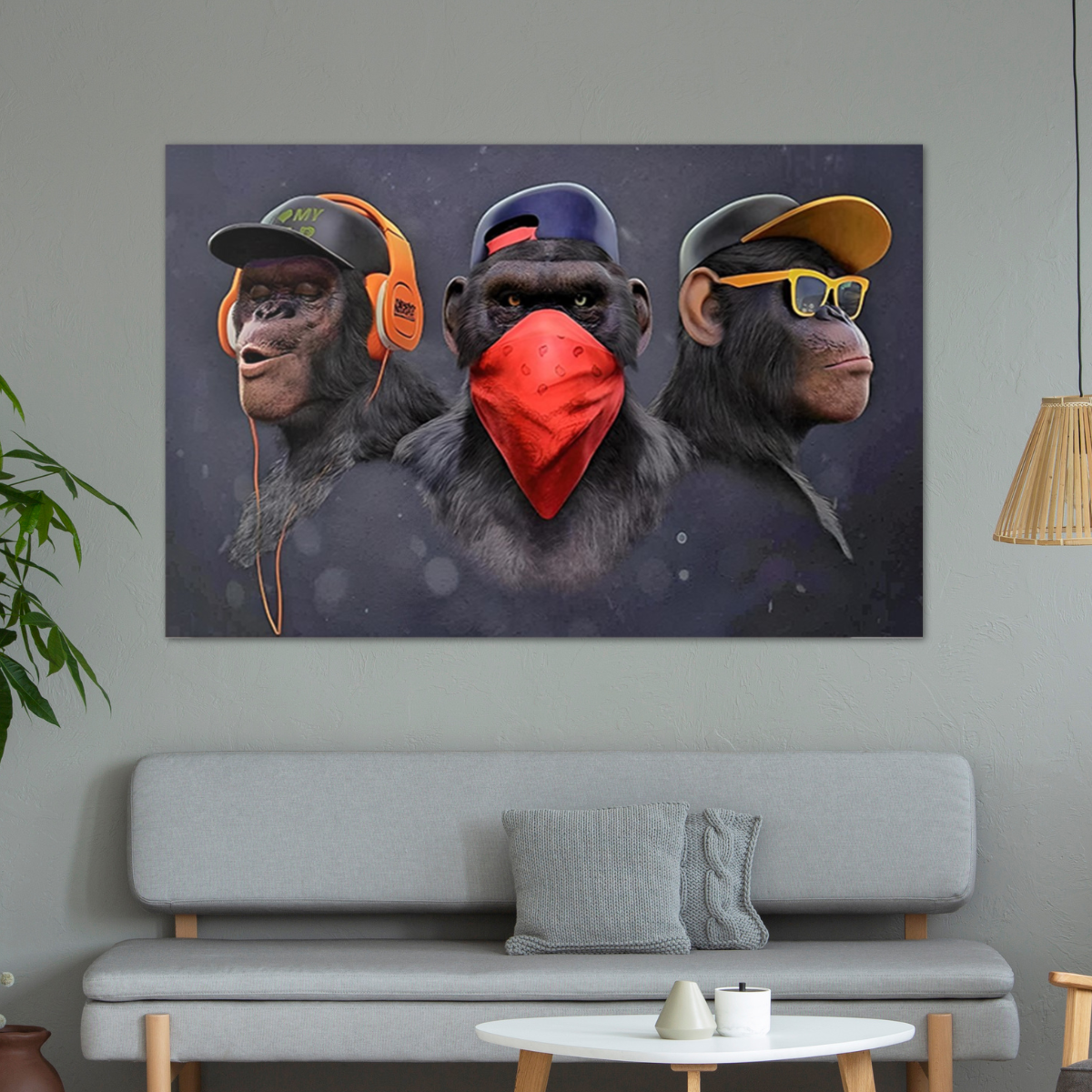 Quadro Decorativo Macacos Cego Surdo e Mudo Tela Grande Tecido Canvas - 2