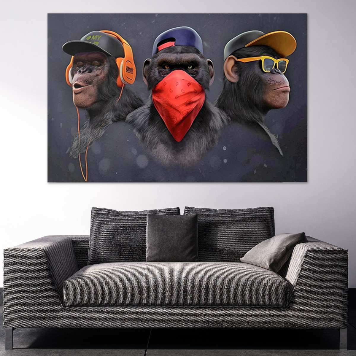 Quadro Decorativo Macacos Cego Surdo e Mudo Tela Grande Tecido Canvas - 4