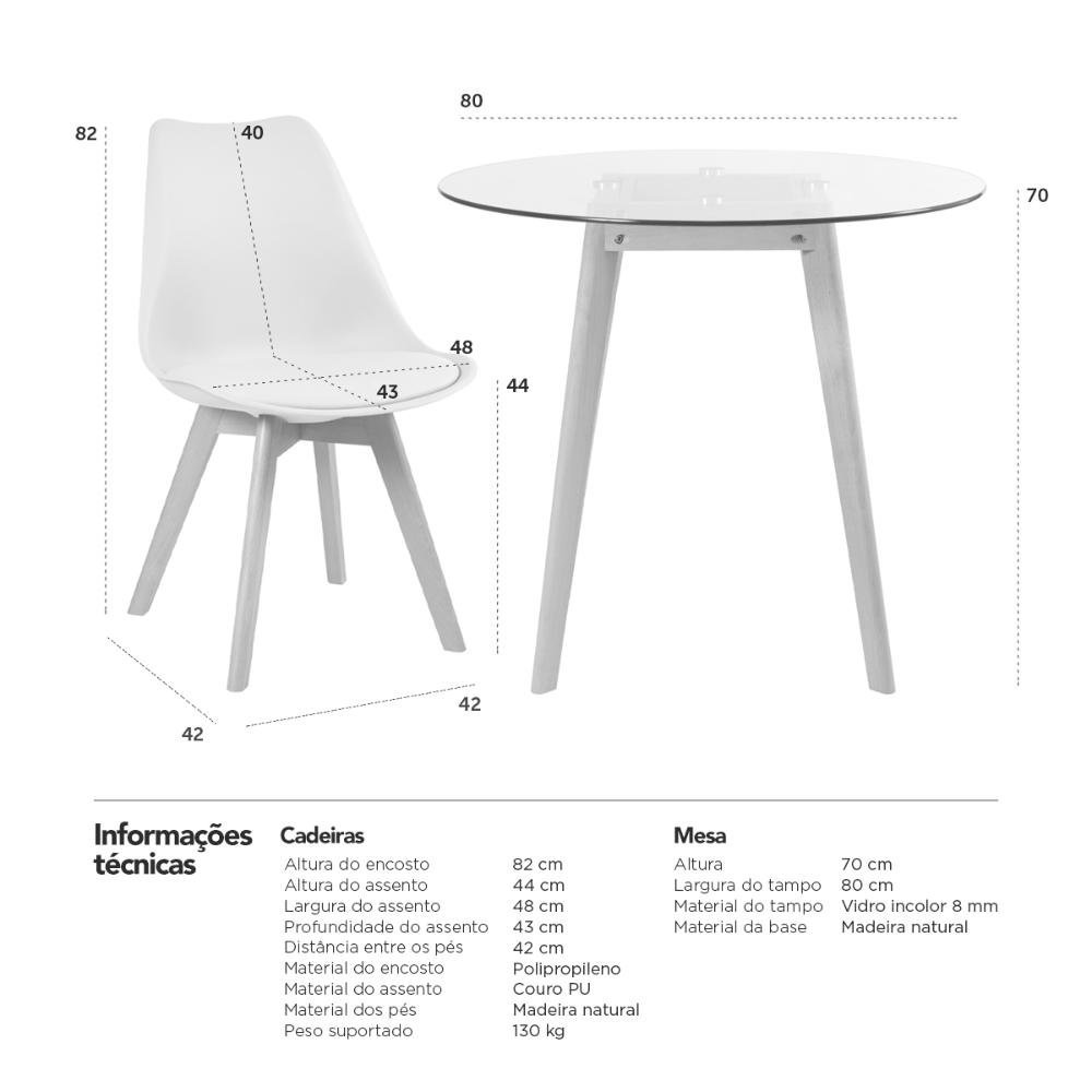 Mesa redonda com tampo de vidro 80 cm + 4 cadeiras Leda Cinza claro - 9