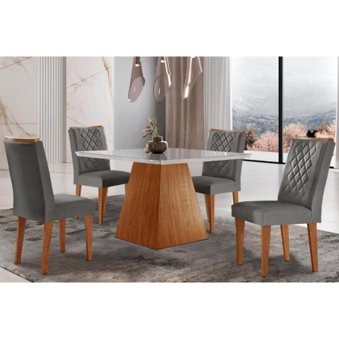 Sala de Jantar Completa Luna C/ Tampo Madeirado C/ Vidro Canto Curvo 90x90cm e 4 Cadeiras Jade