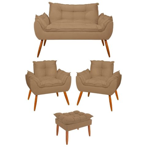 Kit 02 Poltronas + Sofá 2 Lugares com Puff Opala Balaqui Cor:capuccino
