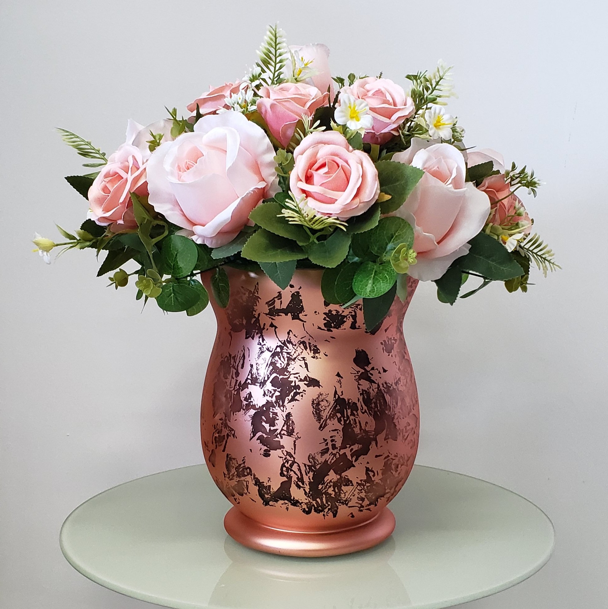 Arranjo de Flores Rosas Artificial e Vaso Rosê 45cm - 1