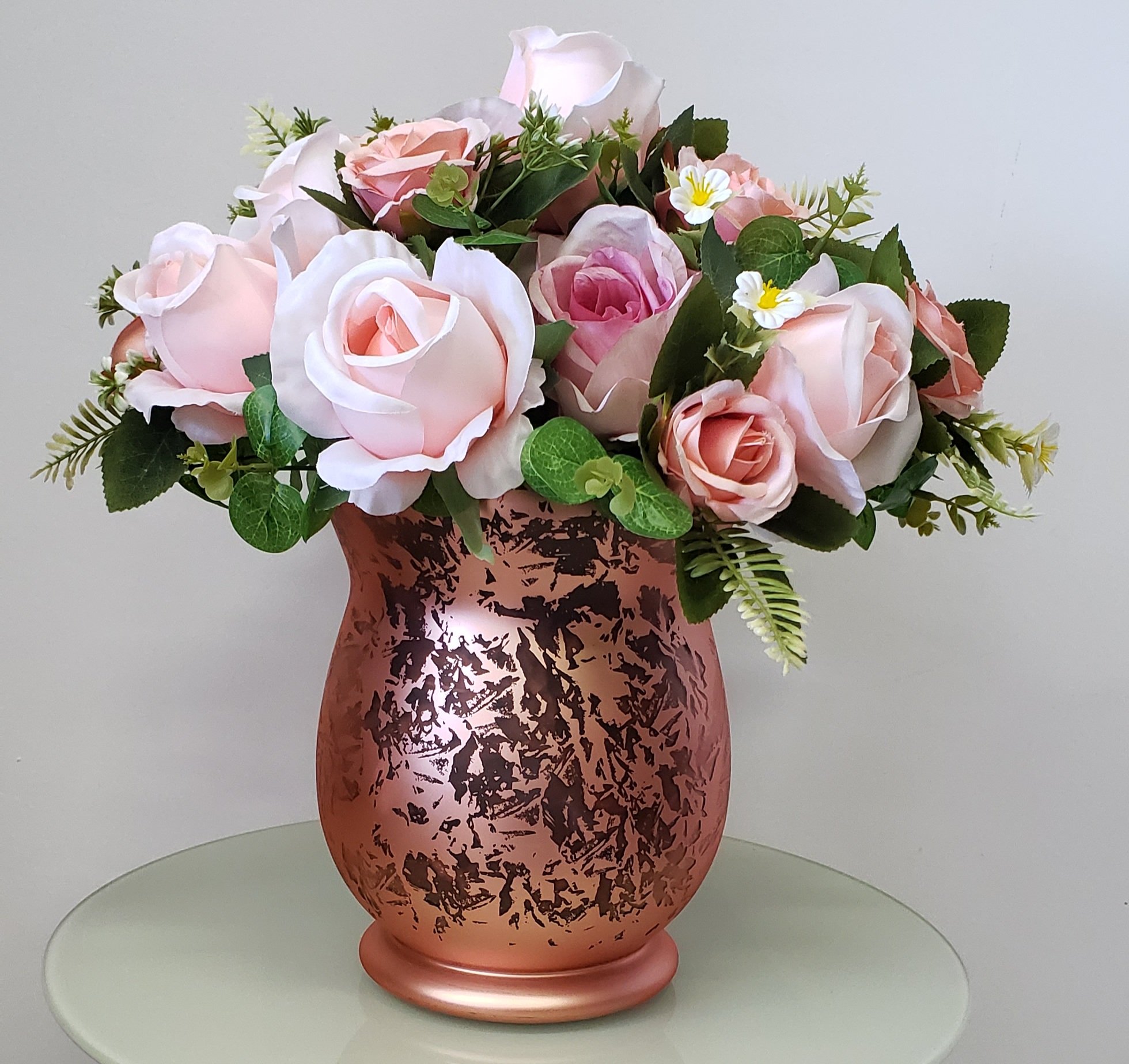 Arranjo de Flores Rosas Artificial e Vaso Rosê 45cm - 2