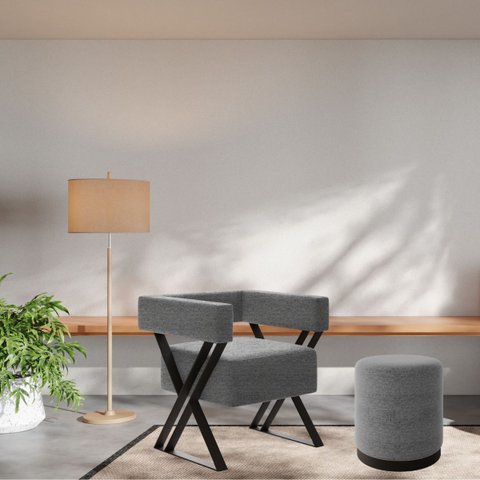Kit Poltrona e Puff Decorativa Dunas Estilo Industrial:linho Cinza