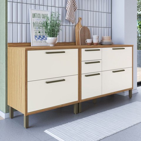 Armário de Cozinha com Balcão e Tampo 3 Portas 4 Gavetas Pérola 100% Mdf Vidro Reflecta Amêndoa/off