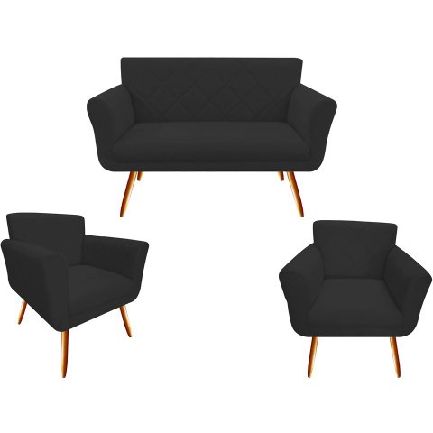 Kit Namoradeira + 2 Poltronas Decorativa Sabrina Suede Preto Pés Madeira Ms Decor