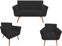 Ver imagem 1 de Kit Namoradeira + 2 Poltronas Decorativa Sabrina Suede Preto Pés Madeira Ms Decor