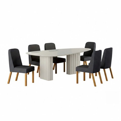 Conjunto Sala de Jantar Ísis 2,00m com 6 Cadeiras Tampo Orgânico Off White c/ Vidro /Linho Chumbo