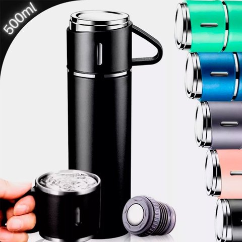 Kit Garrafa Térmica Vacuum Flask Set 500ml com 3 Xícaras - Casa Chick Variado